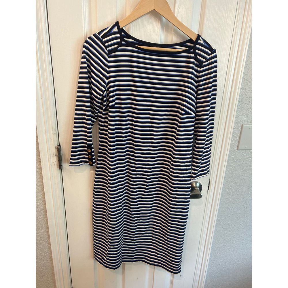 Talbots Sheath Dress Navy Blue Striped Gold Button 3/4 Sleeve Nautical Bateau